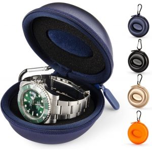 Kal-1 Pièces Boîte Montre Voyage, Montre Fermeture À Glissière Étui, Avec Mousqueton Et Éponge, Portable Montre Ronde Boîte De Rangement, Convient À Toutes Les Montres Inférieures À 50mm(Bleu) - Neuf