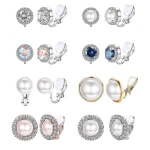 8 Paires De Boucles D'oreilles Clip Ensemble Pour Les Femmes Fleur De Rose Cz Simili Perle Noeud D'or Boucles D'oreilles Avec Coussinets En Caoutchouc Non Perc&eacute;s - Neuf