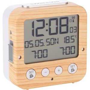 Bingo 60.2528 R&eacute;veil Radio-pilot&eacute; avec r&eacute;tro&eacute;clairage Automatique, Date, Affichage de la temp&eacute;rature et Deux alarmes, 81 x 33 x 81 mm, Aspect Bois, Touches Blanches - Neuf