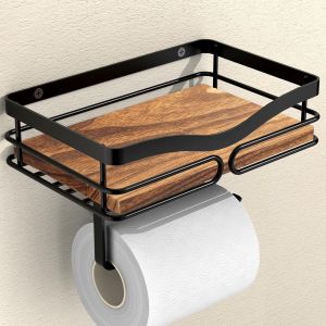 KALANKA-Porte Papier Toilette en Boi, Support Papier Toilette avec Etagere, sans Perçage, Rustique Porte Rouleau, Distributeur Papier Toilette - Neuf