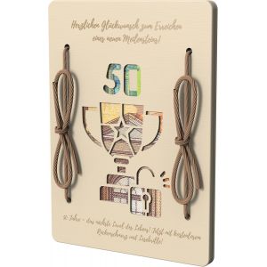 Carte d'anniversaire en bois « 50 ans » | Cadeau en bois pour 50e anniversaire | Carte de v?ux en bois | Portefeuille ou porte-monnaie en bois pour cadeaux d'argent | Cadeau - Neuf