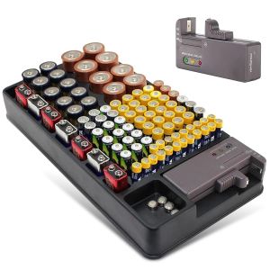 Bo&icirc;te de Rangement Pour Piles - Capacit&eacute; 98 Piles AA, AAA, 9V, C, D et Piles Bouton - Organisateur de Piles - Accrochable au Mur ou Tiroir - Avec Testeur de Piles Int&eacute;gr&eacute; - 35 x 17 CM - Noir - Neuf