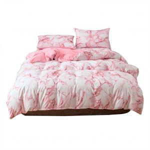 Hjlian Parure De Lit 3 Pieces En Polyester Marbre Avec Housse De Couette Et Taie D'oreiller (Taille Double, Rose) - Neuf