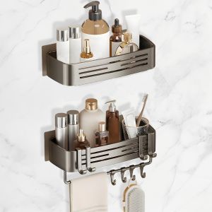 Etagere Douche Sans Percage, 2 Pi&egrave;ces Etagere Salle De Bain, Avec 8 Crochets Et Porte-Serviettes, Grande Capacit&eacute; De Charge, Aluminium Spatial Antirouille &Eacute;tag&egrave;re Salle De Bain - Neuf