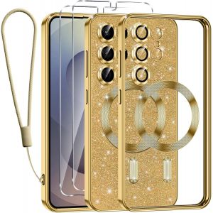 SJZG-Glitter Magn&eacute;tique Pour Samsung Galaxy S25 Ultra 5G Con Cordon, [Compatible Avec Magsafe] Antichoc Brillant Paillet&eacute; Housse Souple Coque Pour Samsung S25 Ultra Avec 2 Verre Tremp&eacute; &Eacute;tui, Or - Neuf