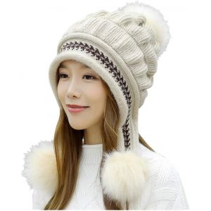 Large Chapeau Blanc Femme Chaude En Tricot Cache-Oreilles Femmes Chapeau Ajouter Un Foulard Chaud Pour L'hiver Beanie Knit Casquette De Baseball De Coton Pour Les Femmes - Neuf