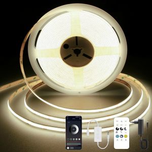 Ruban Led Cob 3000k, 7,5m Bande Led Blanc Chaud, Lumière Bande Led Dimmable 24v, Application Bluetooth, Cri 92+, Largeur 8mm, Avec Télécommande Et Alimentation, Pour La Décoration De La Maison - Neuf
