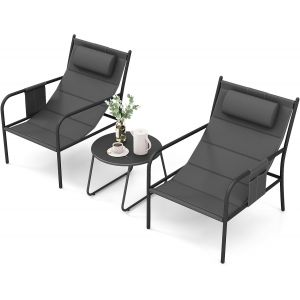 Ulteronixshop-3pcs Salon De Jardin Exterieur 2 Personnes, Table Avec Chaises D'ext&eacute;rieur Avec Porche, Si&egrave;ge Rembourr&eacute;, Coussin De T&ecirc;te, Cadre M&eacute;tallique, Pour Jardin, Balcon, Terrasse, Porche, Gris - Neuf