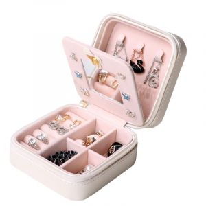 Mini Boîte À Bijoux De Voyage Rose, Organiseur, Présentoir, Étui De Rangement, Petit Format, Avec Miroir Portable, Pour Bagues, Boucles D'oreilles, Colliers, Cadeau Pour Filles Et Femmes - Neuf