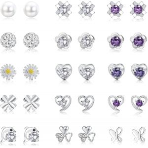 15paires Plaqué Argent Sterling 925 Petites Boucles D'oreilles Ensemble Zircone Perle Cristal Forme Coeur Rond Cz Fleur Piercing Cartilage Tragus Clous D'oreilles Femmes Filles - Neuf