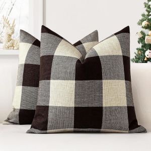 Cauc-Lot De 2 Housses De Coussin 40x40 Cm De Plaid Classique De No&euml;l Housses De Coussin Maison De Campagne Taie D'oreiller D&eacute;coratifs Pour Canap&eacute;, Salon Et Lit(Marron) - Neuf