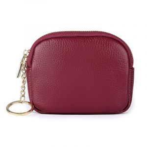 (Rouge Vin) Mini Porte-Monnaie En Cuir Souple Pour Femme, Pochette Zipp&eacute;e Avec Porte-Cl&eacute;s - Neuf