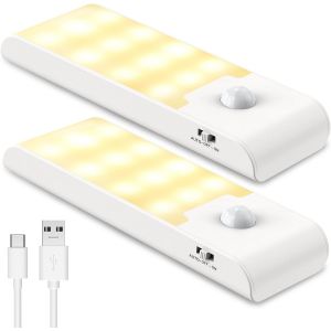 Lot De 2 Veilleuse Led Pile, Lampe Détecteur De Mouvement, Veilleuse Enfant, Lampe Nuit, 3 Modes, 12 Led, Type-C Rechargeable, Lampe De Placard Pour Chambre, Couloir, Escalier, Blanc Chaud - Neuf