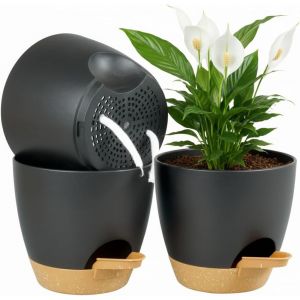 Lot De 3 Pots De Fleurs De 16,5 Cm Avec Soucoupe,Auto-Arrosage,Trous De Drainage,Pour Plantes D'int&eacute;rieur Et D'ext&eacute;rieur-Noir - Neuf