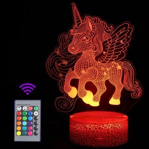 Cadeaux Licorne Pour Filles, Veilleuse Licorne Pour Enfants, Télécommande 16 Couleurs Changeantes Réglage De La Luminosité, Lampe Led Illusion 3d Pour Garçons Salon Chambre Décor - Neuf