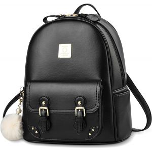 CHECARZHN--NO1-Petit Sac À Dos Femme Antivol Sacs À Main Portés Dos Cuir Pu Sac Bandoulière Etanche Elégant Sac A Dos Fille Avec Pompon Pour Les Travail Loisirs Shopping Noir - Neuf