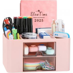 Porte Stylo Bureau,Organiser De Bureau,Materiel De Bureau 7 grilles,organiseur de table en plastique avec tiroir Porte-stylo multifonctionnel pour l'école,le bureau et la maison (Rose) - Neuf