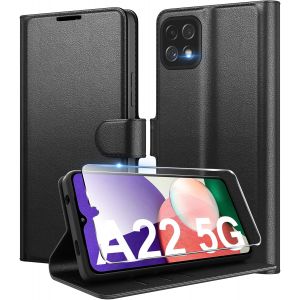 JGD-Coque pour Samsung Galaxy A22 5G en Premium Cuir PU, Portefeuille Housse Etui pour Cartes Protection Anti-Choc Flip Case avec 1 Verre Tremp&eacute; Noir - Neuf