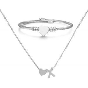 Kal-Collier Pendentif Lettre Initiale Personnalisée Femme Collier Initiale Coeur Bracelet Coeur Ouvert Ajustable Bracelet De Manchette En Acier Inoxydable A-Z Pendentif Collier Femmes Filles - Neuf