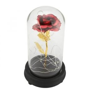Rose Plaqué Or 24K Rose Eternelle Fleur Rose Enchantée lumière LED Rose Préservée en Dôme en Verre, cadeau de mariage (Rouge)-SEC - Neuf