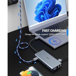 Hub Usb C 12 En 1,Station D'Accueil,2 X Hdmi,Vga,Ethernet,100 W Pd,3 X Usb 3.0,Usb 2.0,Lecteur De Carte Sd/Tf,Audio/Mic,Prend En Charge Windows 10,8,7,Xp/Mac Os/Linux - Neuf