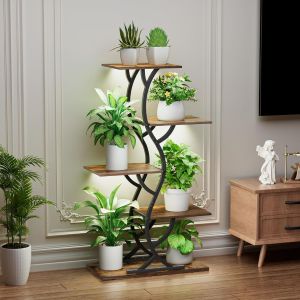 ASFASFq-Support pour plantes avec lumière de croissance - 5 niveaux - 110 cm - En métal et bois - Pour l'intérieur et l'extérieur - Noir - Étagère à fleurs décorative pour l'intérieur, le jardin, le - Neuf