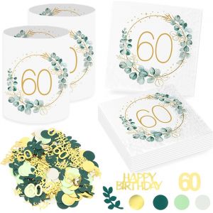 20 Pi&iquest;&iquest;ces Serviettes 60e Anniversaire+12 Pi&iquest;&iquest;ces Photophores D&iquest;&iquest;corations de Table pour 60 Anniversaire, Confettis 60e Anniversaire, Serviette Eucalyptus Homme Femme 60 Anniversaire Decoration - Neuf