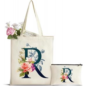 Nzqaf-Cadeau Femme Sac Fourre-Tout Avec Initiale Fleur, Personnalisés Sac En Toile En Coton Trousse De Maquillage, Cadeaux De Mariée, Cadeau Parfait Pour Amie, Mères Pour Anniversaire Mariage Voyage - Neuf