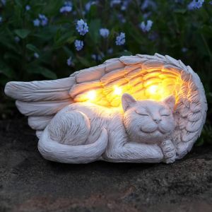 Statue Solaire Comm&eacute;morative Pour Chats Ou Chiens - Croix Et C?Ur Lumineux - M&eacute;morial - &Eacute;clairage Led Blanc Chaud (Pile Rechargeable Incluse) Waterproof 21cm (Chat Ail&eacute;) - Neuf