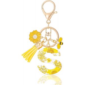 KAL-Letter Keychains Initiale Lettre Porte Clef Lettre,Alphabet Initial Keyring Avec Pampille Pendentif,Jaune Pétales Feuille D'Or Key Ring Pour Femmes Filles Portefeuilles Sac À Main Charme - Neuf