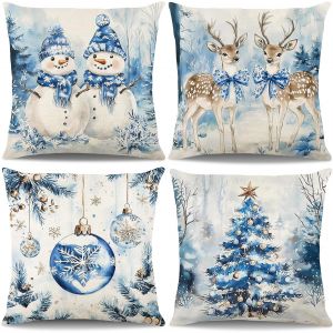 Lot De 4 Housse De Coussins Noël - Bleu Et Blanc - Dessins De Bonhomme De Neige, Sapin, Renne Et Boule De Noël - Décorations Festives Pour Canapé, Salon, Chambre (45 X 45 Cm) - Neuf