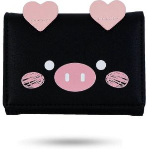 Mesdames Sac &agrave; main en cuir Mignon Cochon Motif Slim Tri-Fold Petit Portefeuille pour Femmes et filles (noir) - Neuf