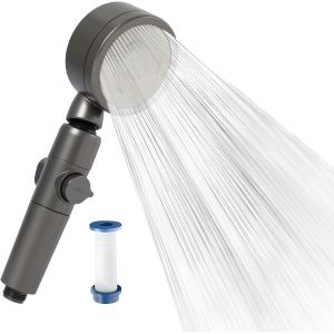 Pommeau Douche Haute Pression avec Filtre, Poire de Douche &Eacute;conomie d&iquest;Eau &agrave; 3 Jets, Pomme de Douche Filtrant Anti Calcaire avec Bouton Arr&ecirc;t et Rotation 360&deg; - Neuf