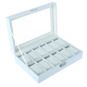 Coffret À Montres Avec 12 Compartiments, Boîte De Rangement Pour Montres Et Bracelets, Présentoir À Montres, Verrouillable, Avec Couvercle En Verre Et Coussins En Velours Amovibles - Neuf