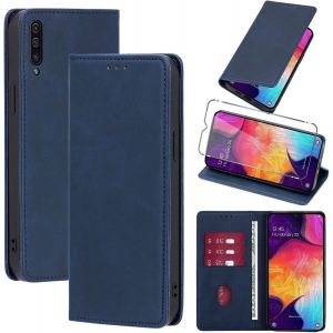 Kal-Coque Cuir Pour Samsung Galaxy A50/A50s/A30s 6.4"" Avec 1 Verre Trempé Etui À Rabat En Pu Porte-Cartes Portefeuille Support Flip Housse Magnétique Antichoc Anti-Rayures Case,Bleu - Neuf