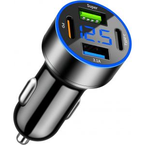 JGD-Allume Cigare USB c 4 Ports, Chargeur Allume Cigare USB, Adaptateur USB Voiture avec voltm&egrave;tre LED, Double PD30W+QC3.0 pour iOS Android Tablet Tous Les Smartphones - Neuf