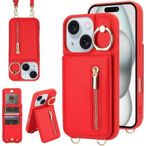 Maa-Coque Pour Iphone 14 Plus/15 Plus Coque Etui Avec Sangle Réglable Portefeuille En Cuir Anti-Rfid Pochette Magnétique Flip Case Étui Cover Housse Protection Avec Anneau-Rouge - Neuf