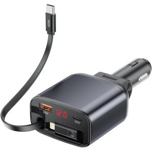 105W Chargeur Voiture Allume Cigare USB, 45W PD Chargeur de Voiture R&eacute;tractable, 30W QC3.0 Adaptateur de Charge Rapide, avec Voltm&egrave;tre LED DC12-24V pour IOS, Android, Tablettes et Tous les Smartphones - Neuf