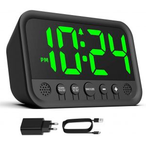 KAL-Réveil Numérique Avec Indicateur Led Vert Pour Chambre À Coucher, Réveil Haut Pour Dormeurs Lourds, Reveil Sur Secteur (Adaptateur Inclure) Avec Volume Réglable, Luminosité, Snooze, 12/24 - Neuf