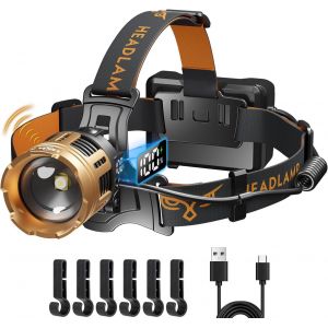 Meimie-Lampe Frontale Led Ultra Puissante, Rechargeable Camping Lampe Frontale 100000lm Avec Détecteur De Mouvement, 7 Modes Zoomable Frontale Réglable À 90 °, Batterie 9000mah Étanche Lampe Camping - Neuf