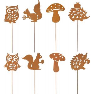 MEVRONISSHOP-Lot de 8 piquets de jardin rouillés pour décoration d'automne en extérieur - Oiseau rouille - Décoration de jardin avec écureuil, hérisson, chouette, champignons, des deux côtés - En mét - Neuf