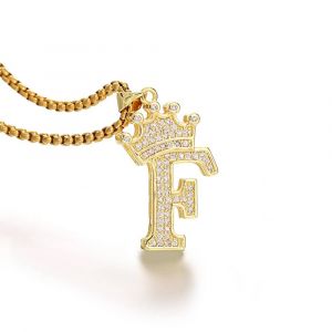 26 Lettres A-Z Zircon Couronne Initiale Alphabet Pendentif Collier Pour Femmes Hommes De Luxe Plaqu&eacute; Or Cuivre Colliers Bijoux Cadeaux--F - Neuf