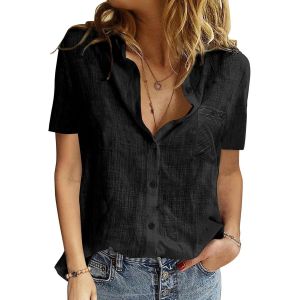 Utigh-Chemisier Pour Femme Avec Col En V,Tunique D'été Pour Femmes Boutonnée Hauts T-Shirt Coton Lin À Manches Courtes Décontracté Ample Longue Chemise Blouse Hauts - Neuf