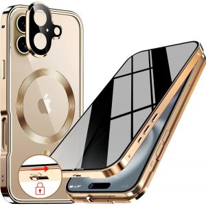 CAUC-[Anneau en M&eacute;tal CD & Verrouillage de S&eacute;curit&eacute;] Coque Anti-Espion Magn&eacute;tique pour iPhone 16 6.1"" [Protection D'objectif Int&eacute;gr&eacute;e] &Eacute;tui Int&eacute;grale avec &Eacute;cran en Verre 9H Int&eacute;gr&eacute;, Or de Luxe - Neuf