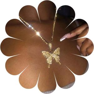 Kal-Boho Cz Cristal Papillon Pendentif Collier Or Tennis Cha&icirc;ne Collier Ras Du Cou Cubique Tennis Papillon Collier Vintage Strass Cha&icirc;ne Collier Bijoux Pour Femmes Et Filles (Or) - Neuf