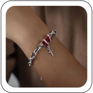 Ytseazn-Bracelet En Chaîne Cubaine Argentée Pour Femmes Bracelet Cristal Rectangle Rouge Bracelet En Chaîne Superposée Avec Breloques Étoiles Bracelet Cool Pour Femmes Hommes - Neuf