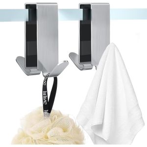 Lot de 2 crochets de suspension pour serviettes sans perçage-En acier inoxydable-Pour paroi de douche-Porte-serviettes-Double face-Pour épaisseur de verre de 0,6 à 1,2 cm-Longueur.[E41] - Neuf