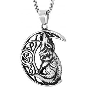 Trahoo-Vintage Etoile Tribal Filigrane Croissant Lune Loup Pendentif - Collier Homme Acier Inoxydable - 75cm Chaîne Blé - Neuf