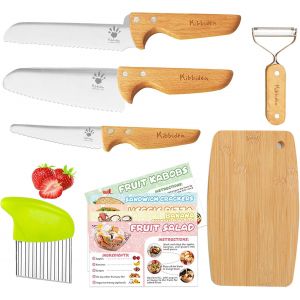 11 Pi&egrave;ces Kit Couteau de Cuisine pour Enfants, Couteaux S&eacute;curis&eacute; bois pour enfants, Acier Inoxydable, couper et cuire des fruits ou l&eacute;gumes, Couteau Enfant Cuisine 3 ans - Neuf