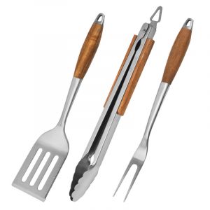 Ensemble d'ustensiles de barbecue robustes, accessoires pour barbecue ext&eacute;rieur avec spatule, fourchette et pinces, manche allong&eacute; en palissandre et acier inoxydable de qualit&eacute; alimentaire, 3 pi&egrave;ces - Neuf